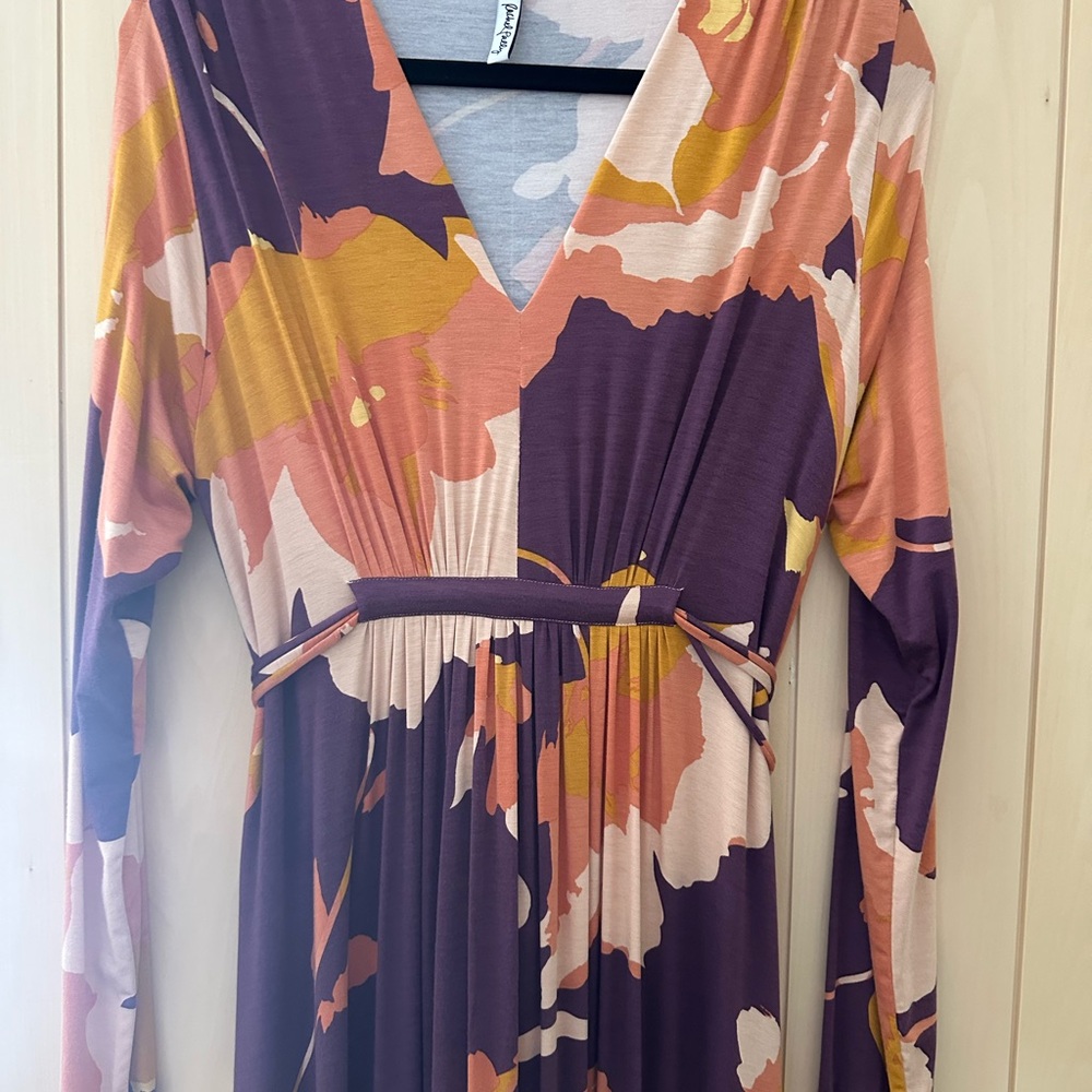 Long Sleeve Floral Wrap Dress in Purple and Mustard